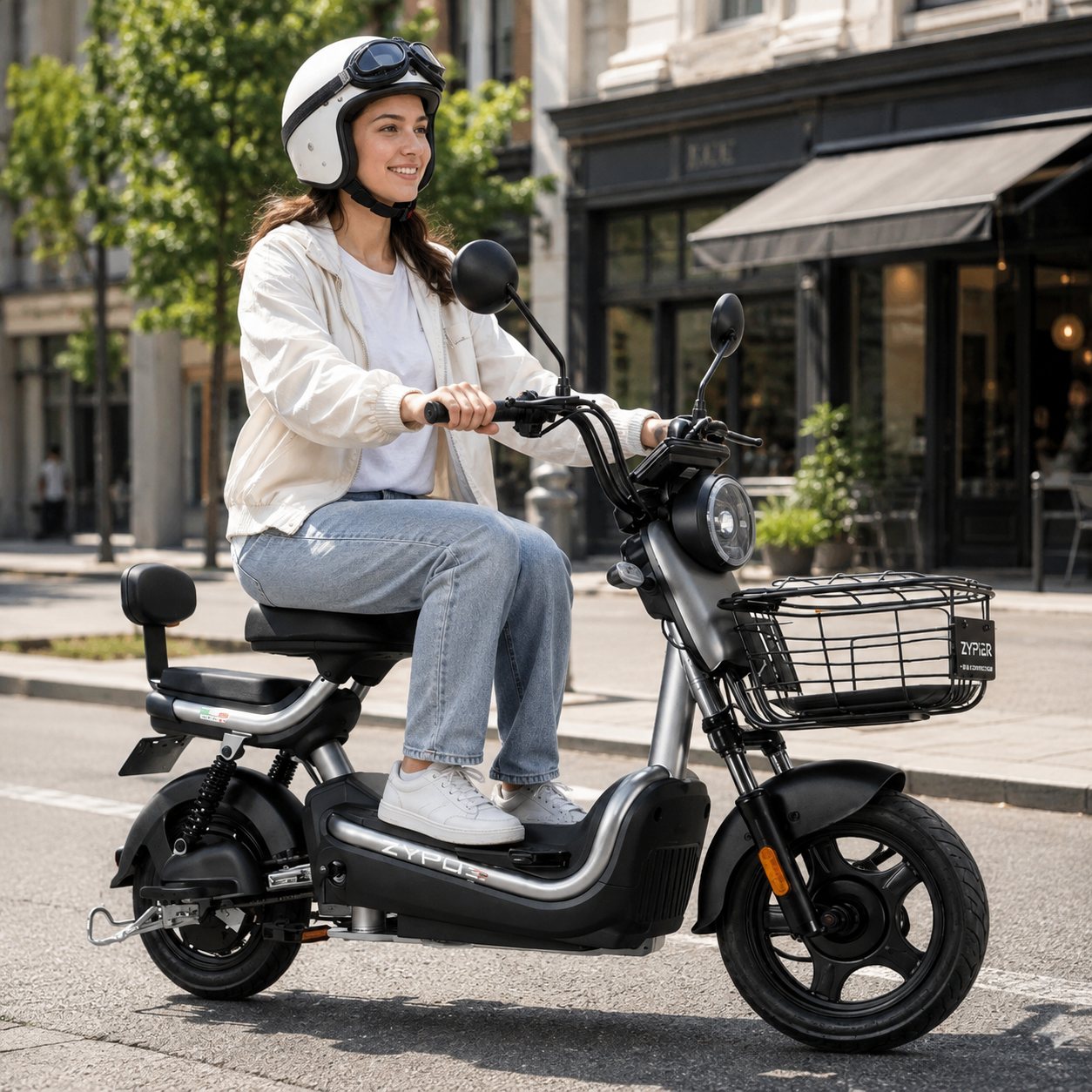 Jeune femme sur un scooter électrique VOLTSCOOT dans une rue de ville
