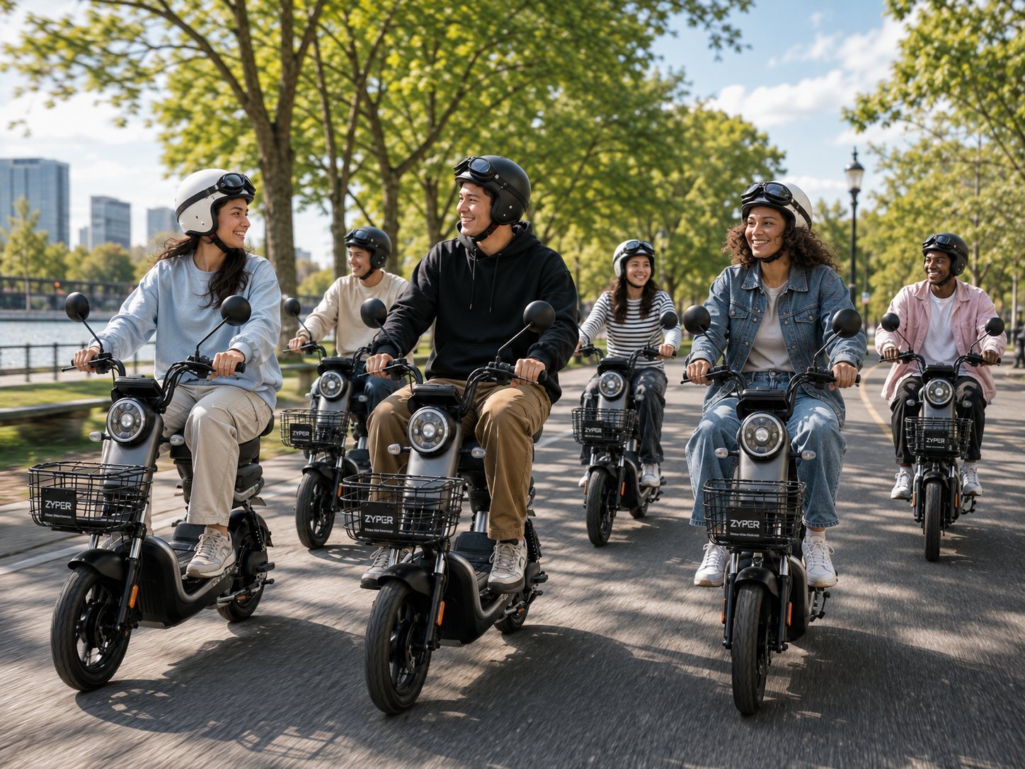 Groupe d'amis en balade sur des scooters électriques VOLTSCOOT au bord de l'eau